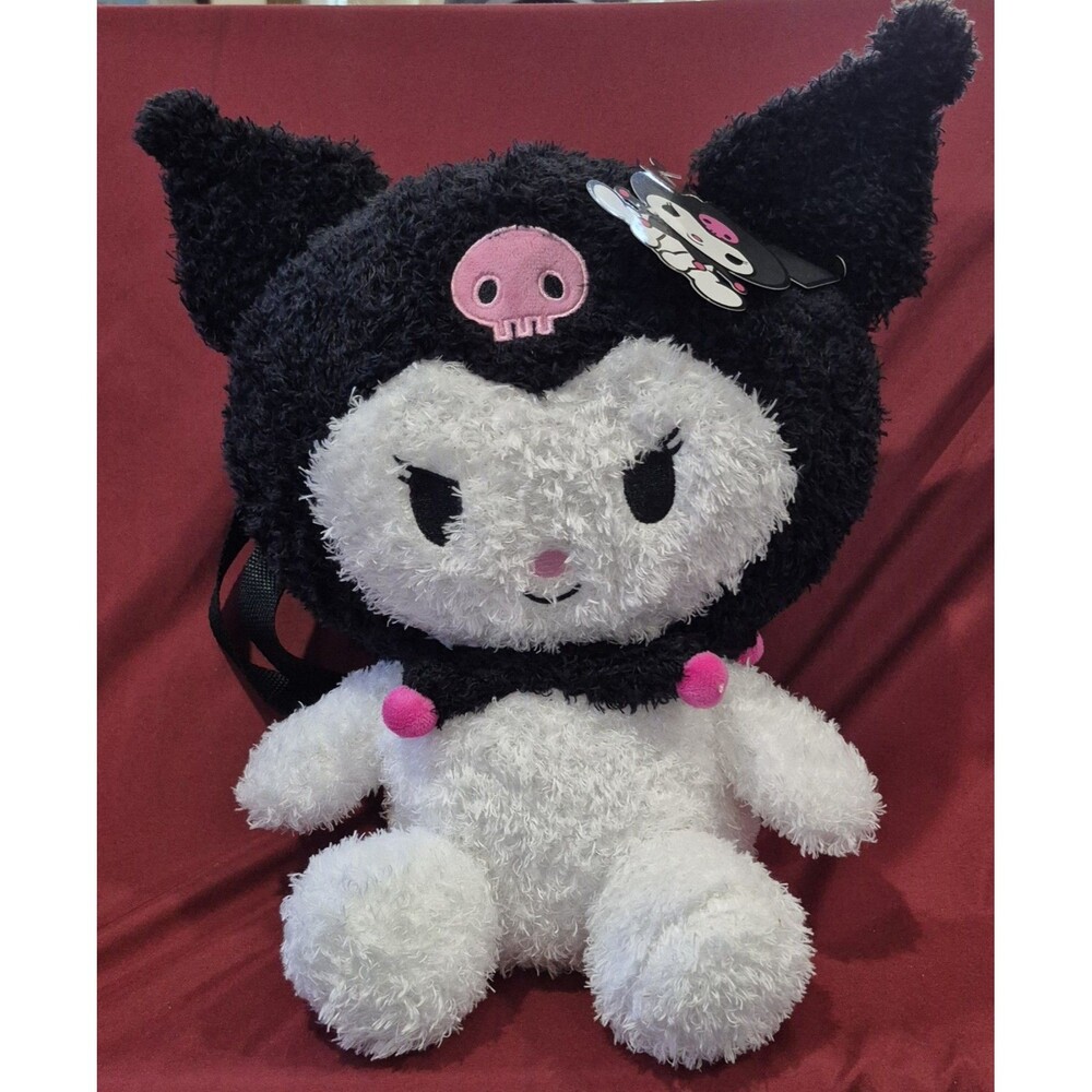 NWT Sanrio Kuromi Feather Plush Backpack Fuzzy Black Pink 13" Cosplay Bag New